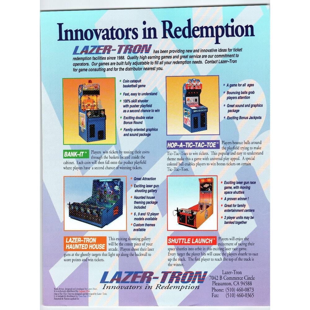 1988 Lazer-Tron Innovators in Redemption Arcade Flyer Pleasanton CA